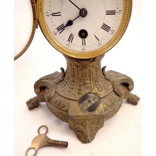 740 - A gilt metal drum cased mantel clock on bracket base, 21cm tall