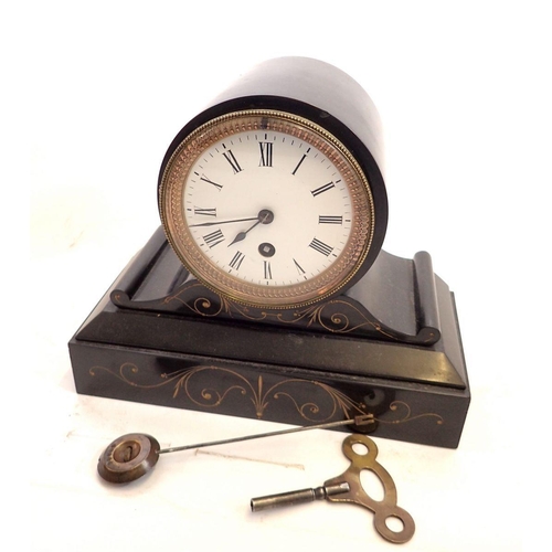 741 - A Victorian small slate mantel clock with key and pendulum (recently serviced) 24cm wide