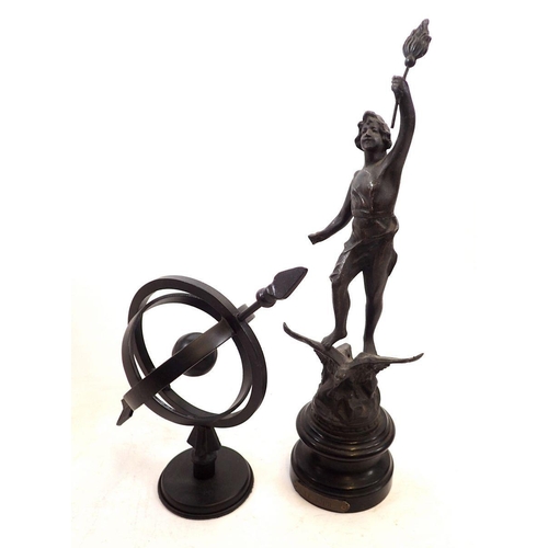 754 - A spelter figure 'Le Jour', 35cm tall and a model of an Armillary