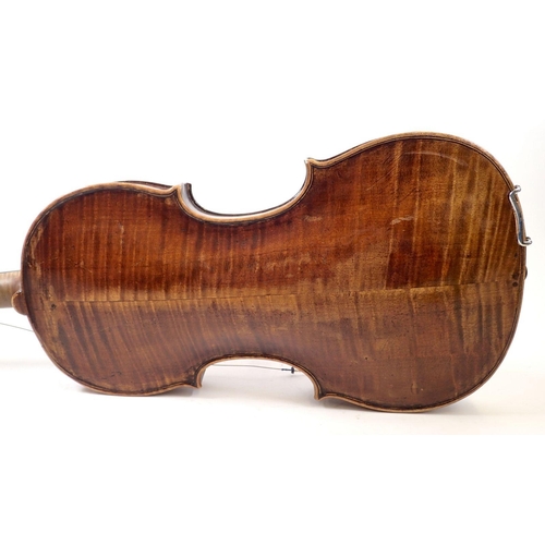 757 - An 18th century French violin with two piece back and later German scroll, cased - 14