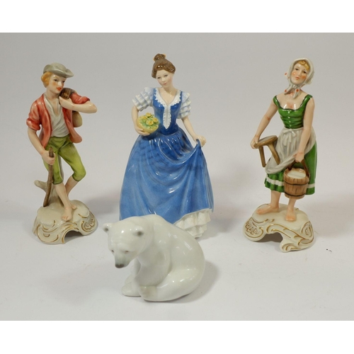 76 - A Royal Doulton figure Helen, a pair of Goebels figures and a Lladro polar bear, tallest 21cam