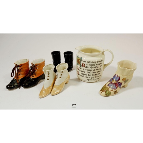 77 - A Boer War 'South Africa' Goss jug plus three pairs of china shoes plus one other