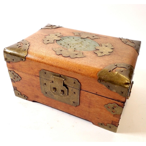 777 - An Eastern wooden box with brass mounts and stone inlaid panel, 21 x 14 x 10cm