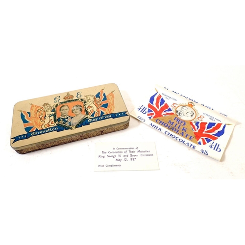 778 - A Fry's Chocolate 1937 Coronation bar wrapper and tin, 15cm long