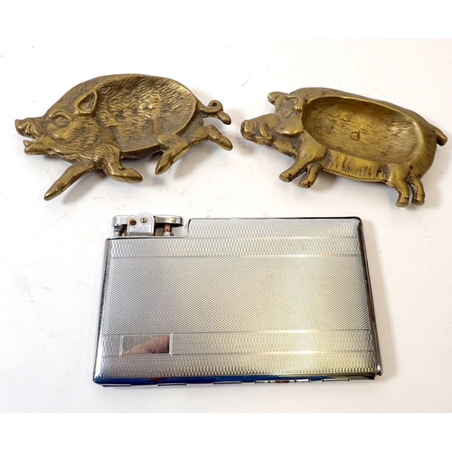 782 - A Polo lighter and cigarette case and two brass pig ashtrays