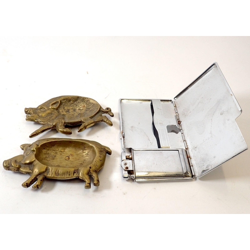 782 - A Polo lighter and cigarette case and two brass pig ashtrays