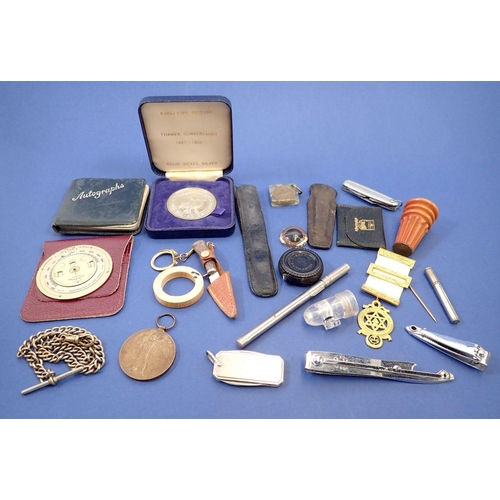 786 - A box of collectables including a WWI Masonic medal, penknives etc.