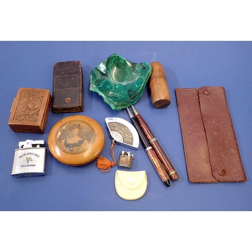 792 - A box of small collectable including fan lighter, pens, malachite dish, box of Persian mosaic studs ... 