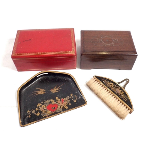 793 - A Victorian Japanned metal and wood small crumb brush, two boxes and tray, 14cm