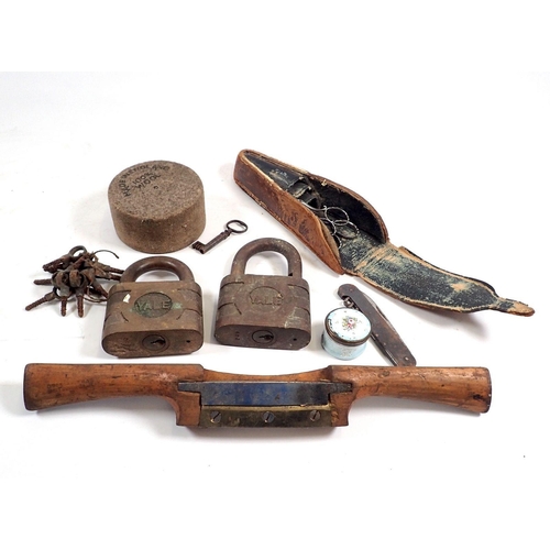 800 - Two antique Yale padlocks, spokeshave etc.