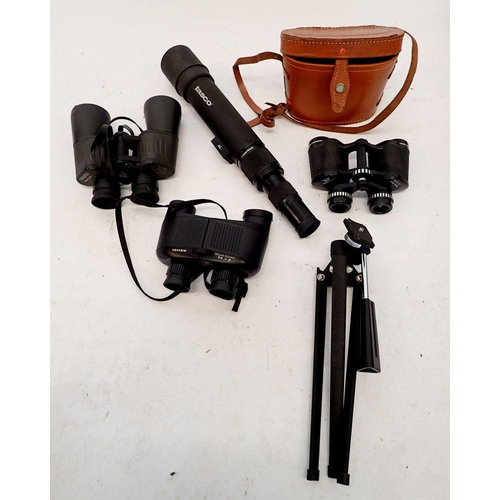 801 - A Tasco 15x - 45x zoom focus scope with tripod stand together with three pairs of binoculars includi... 