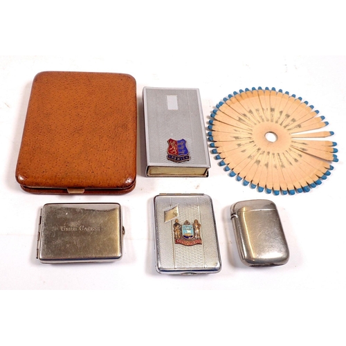 826 - A pigskin covered cigarette case by Stratton with various match book cases and vesta cases