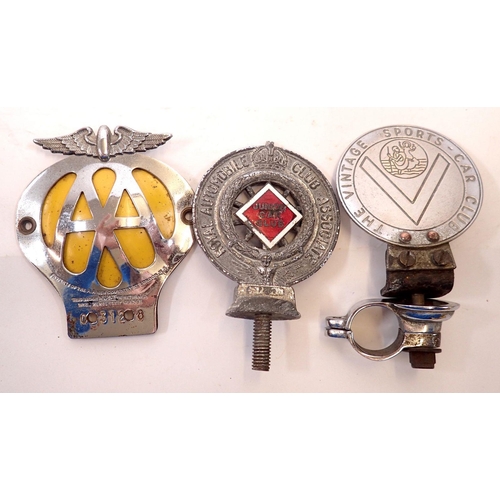 829 - An old RAC badge, an AA badge and a Vintage Sports Car Club badge