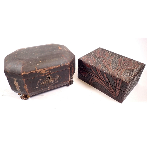 832 - A Victorian carved and pokerwork box decorated tulips, 19cm wide and a 19th century chinoiserie lacq... 