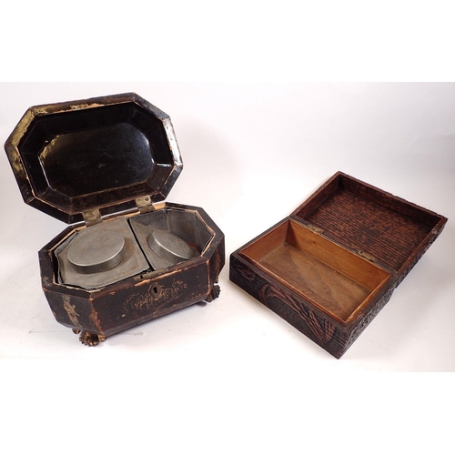 832 - A Victorian carved and pokerwork box decorated tulips, 19cm wide and a 19th century chinoiserie lacq... 