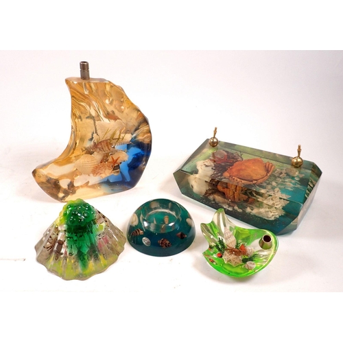 835 - A perspex vintage aquarium desk stand, pen stand and two paperweights