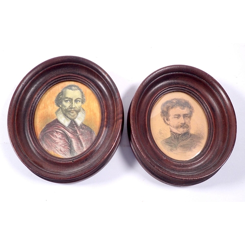 851 - Two moulded wood oval miniature frames inset prints, 8 x 7cm