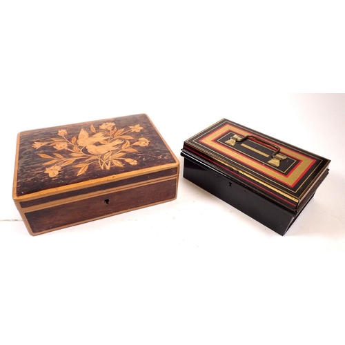 853 - A 19th century box with bird and flower marquetry lid, 17cm wide and a vintage cash tin with key