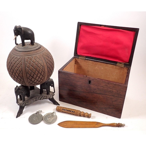 862 - An elephant and coconut shell form box, 24cm tall plus a 19th century rosewood box, 13cm tall, two V... 