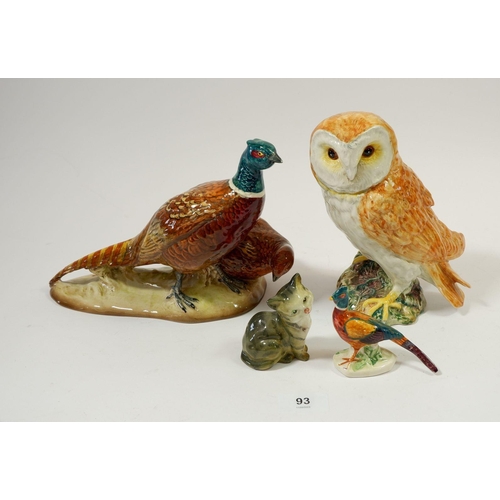 93 - A Beswick Barn Owl No. 1046, 19cm tall, a Pheasant No. 2078, 17cm tall a small pheasant and a cat