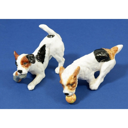 96 - Two Royal Doulton style terriers with ball and shoe, 12 x 9.5cm, good condition