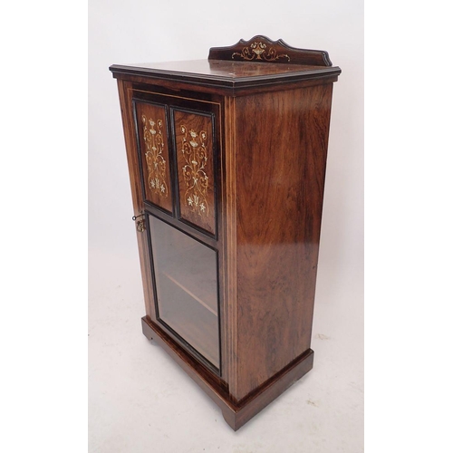 1060 - An Edwardian mahogany small cabinet with marquetry and simulated ivory decoration to half glazed doo... 