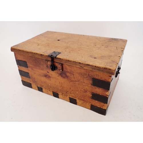 1077 - A Victorian pine box with iron carrying handles and mounts, 39 x 62 x 30cm