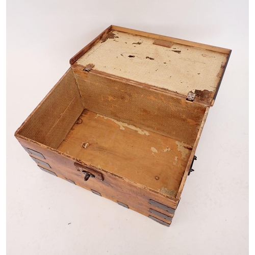 1077 - A Victorian pine box with iron carrying handles and mounts, 39 x 62 x 30cm