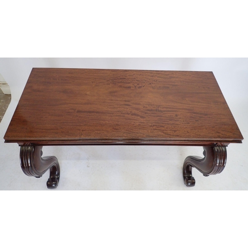 1078 - A Victorian mahogany console table on large scroll front supports, 122cm wide