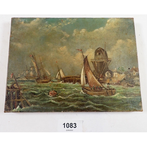 1083 - A 19th century oil on canvas dutch harbour scene, 15 x 20cm