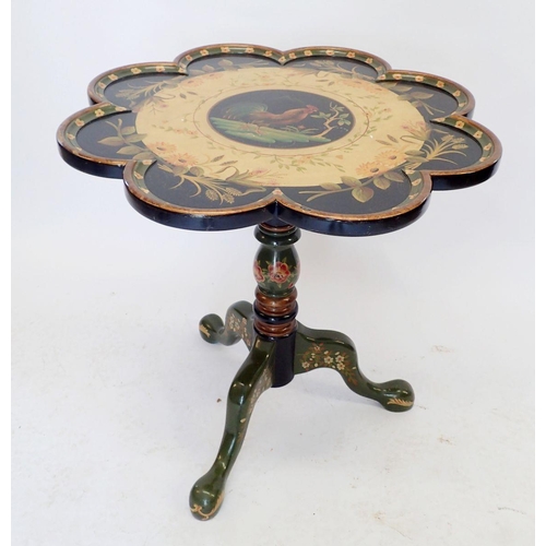 1094 - A 20th century printed tilt top occasional table with lobed edge and decorated cockerel and flowers,... 