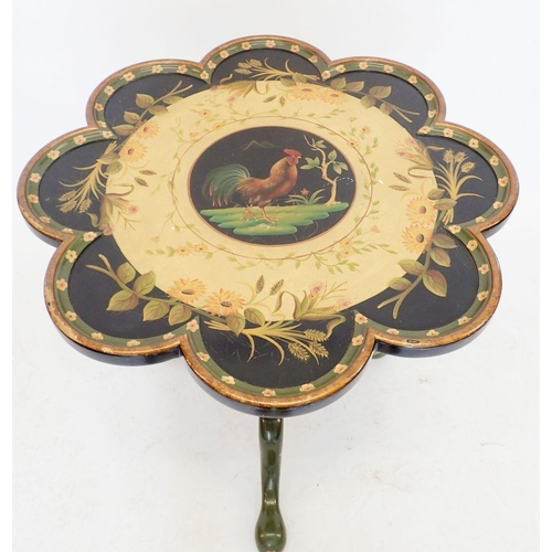 1094 - A 20th century printed tilt top occasional table with lobed edge and decorated cockerel and flowers,... 