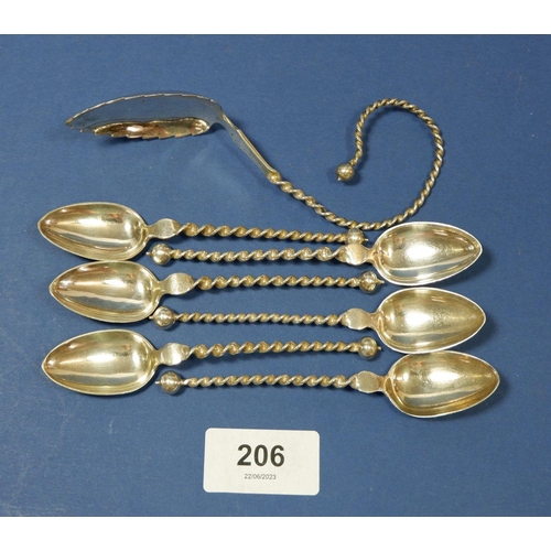 206 - A set of six 800 standard silver coffee spoons and similar curved handle spoon with spiral twist ste... 