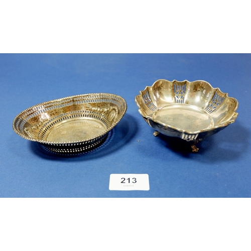 213 - A silver pierced oval bonbon dish, Birmingham 1898 and another circular one with marks rubbed, 137g