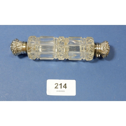 214 - A Victorian double ended cut glass scent bottle with white metal mounts, one hinge a/f, 12.5cm