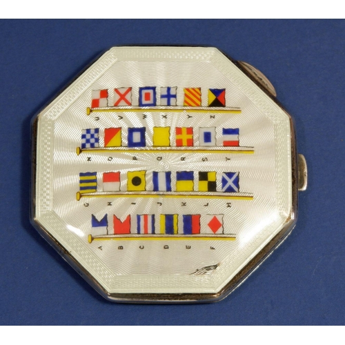221 - A silver and enamelled compact decorated with pennants, Birmingham 1955 by John William Barrett