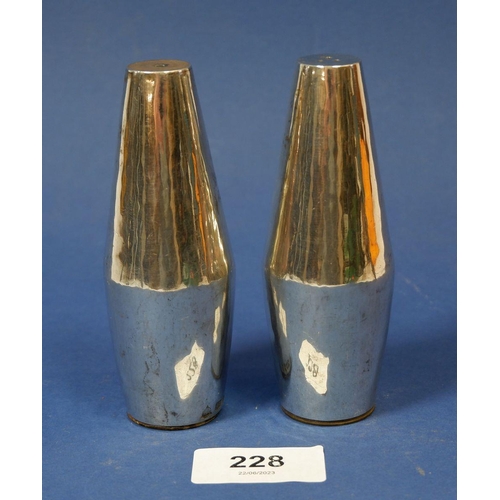 228 - A handmade silver modernist pair of salt and pepper pots, London 1960 by RFC, 227g, 11cm