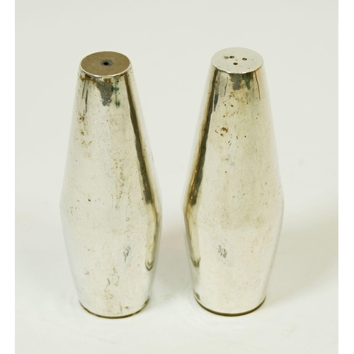 228 - A handmade silver modernist pair of salt and pepper pots, London 1960 by RFC, 227g, 11cm