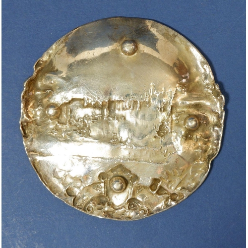 241 - A silver dish depicting Eton College on four ball feet, 9.5cm diameter, 85g