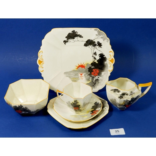 25 - A Shelley Art Deco tea service 'Sunset & Flowers' comprising: twelve cups and saucers, twelve tea pl... 