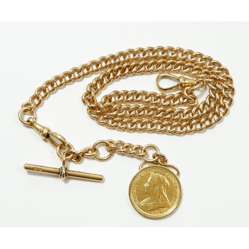 An 18 carat gold fob chain mounted with a gold sovereign 1899