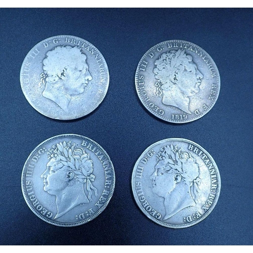 601 - Four silver crowns including: George III 1819 LIX, 1820 LX and George IV: 1821 secundo and 1822 tert... 