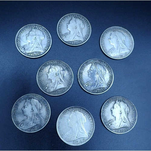 602 - Eight silver crowns: Victoria veiled bust, dates: 1897 LXI, 1898 LXII, 1899 LXII, 1900 LXIV, 1893 LV... 