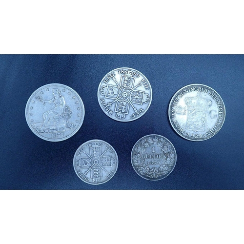 604 - A quantity of silver content coins including: USA trade dollar 1877 San Francisco Mint, German state... 