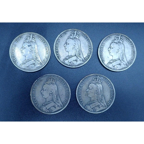 605 - Five silver crowns: Victoria Jubilee bust, dates: 1887, 1889, 1890, 1891 and 1892 - Condition: Fine