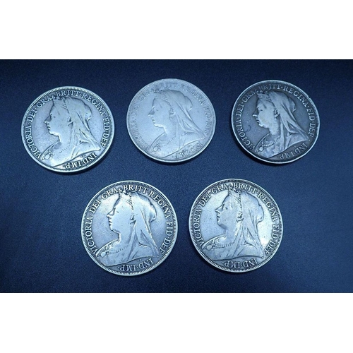 607 - Five Victorian veiled bust crowns including: 1893 LVII (2 off) 1895 LVII, 1896 LX and 1989 LXII - Co... 