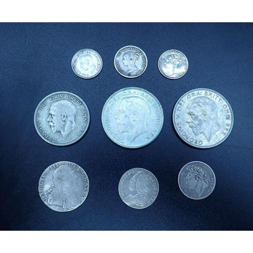 608 - A quantity of silver content coinage including: George II 1757 sixpence, George III 1787 shilling, G... 