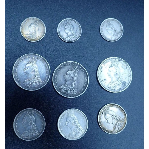 609 - A quantity of silver coinage all Victorian Jubilee Bust including: threepences 1887 (3 off) sixpence... 