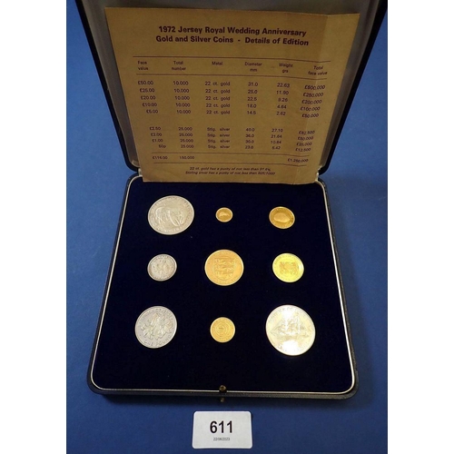 611 - A 1972 Jersey Royal Wedding anniversary gold and silver coins set to include five 22 carat gold coin... 