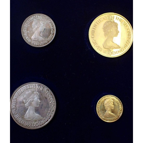 611 - A 1972 Jersey Royal Wedding anniversary gold and silver coins set to include five 22 carat gold coin... 